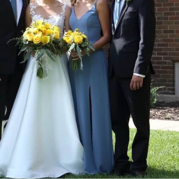 Spaghetti Strap Slate Blue V-Neck Wedding Dress with High Slit - Picture 3 of 4